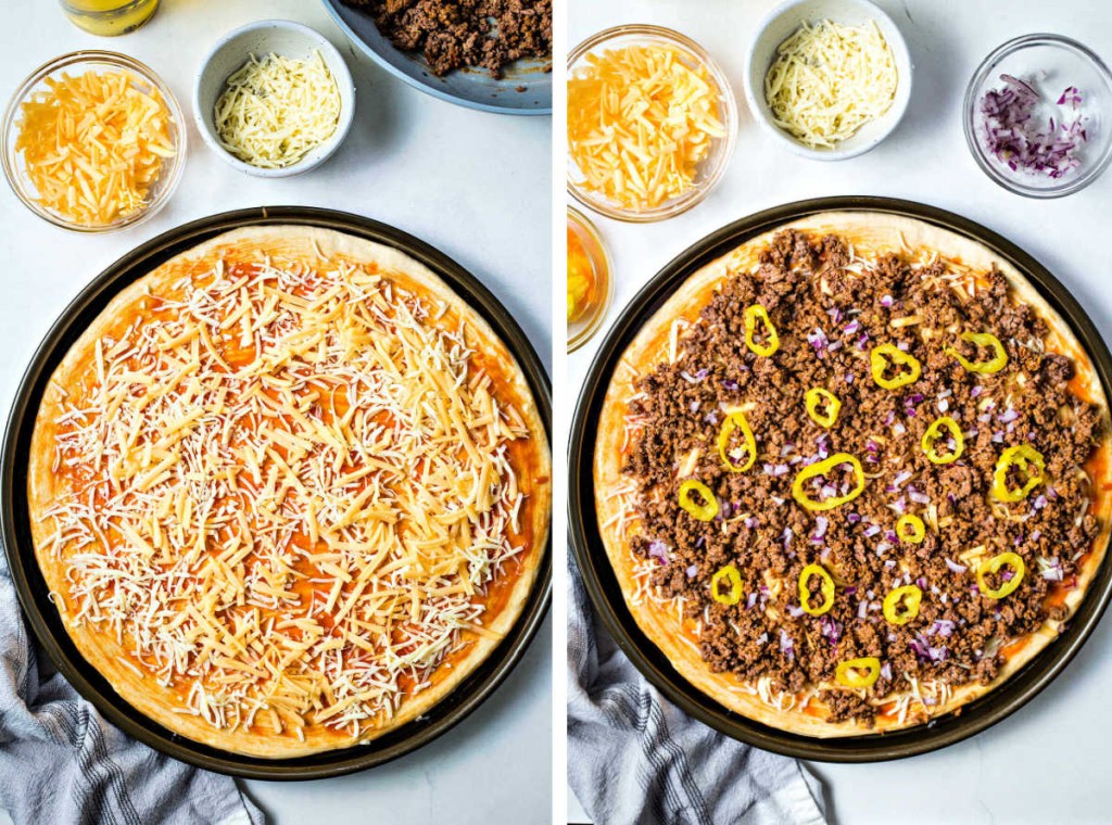 a layer of cheese on a pizza crust; toppings on top of cheese.