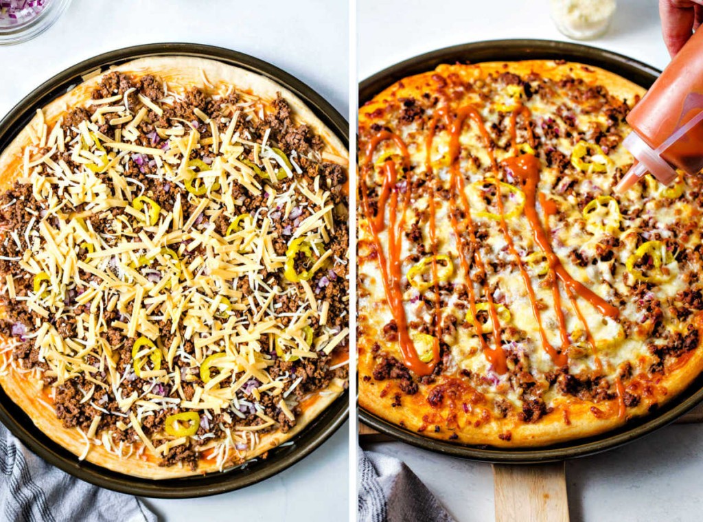 a cheeseburger pizza ready for the oven; drizzling sauce on top of cooked pizza.