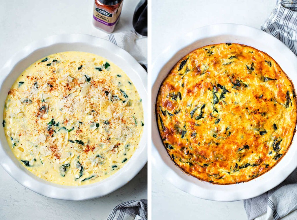 before and after images: crustless spinach quiche ready for the oven and a baked quiche.