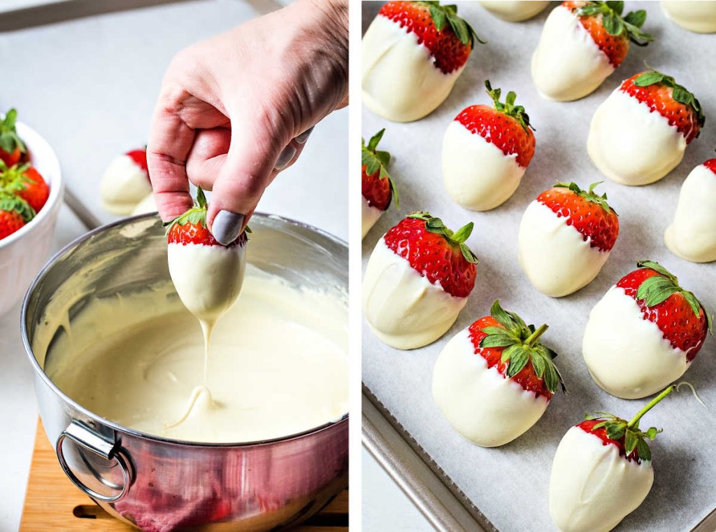dipping strawberries in a bowl of melted white chocolate.