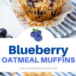 a blueberry oatmeal muffin sitting in a paper liner on a blue striped napkin.