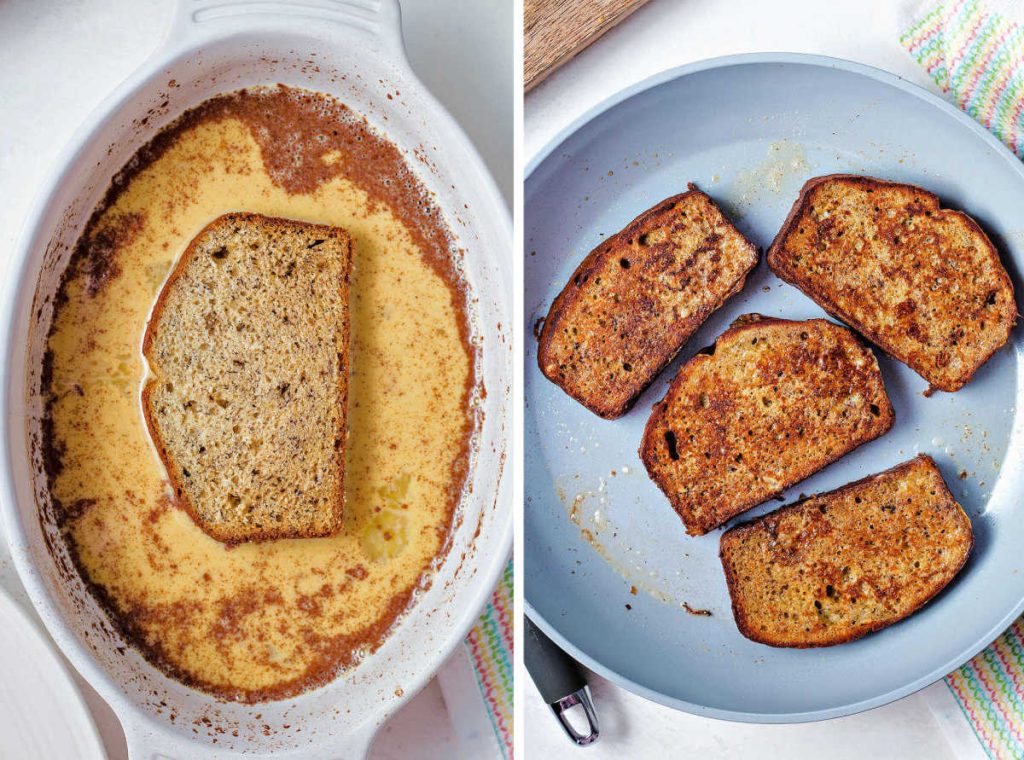 process steps for making banana bread french toast: dip slices of banana bread in egg mixture; fry until golden.