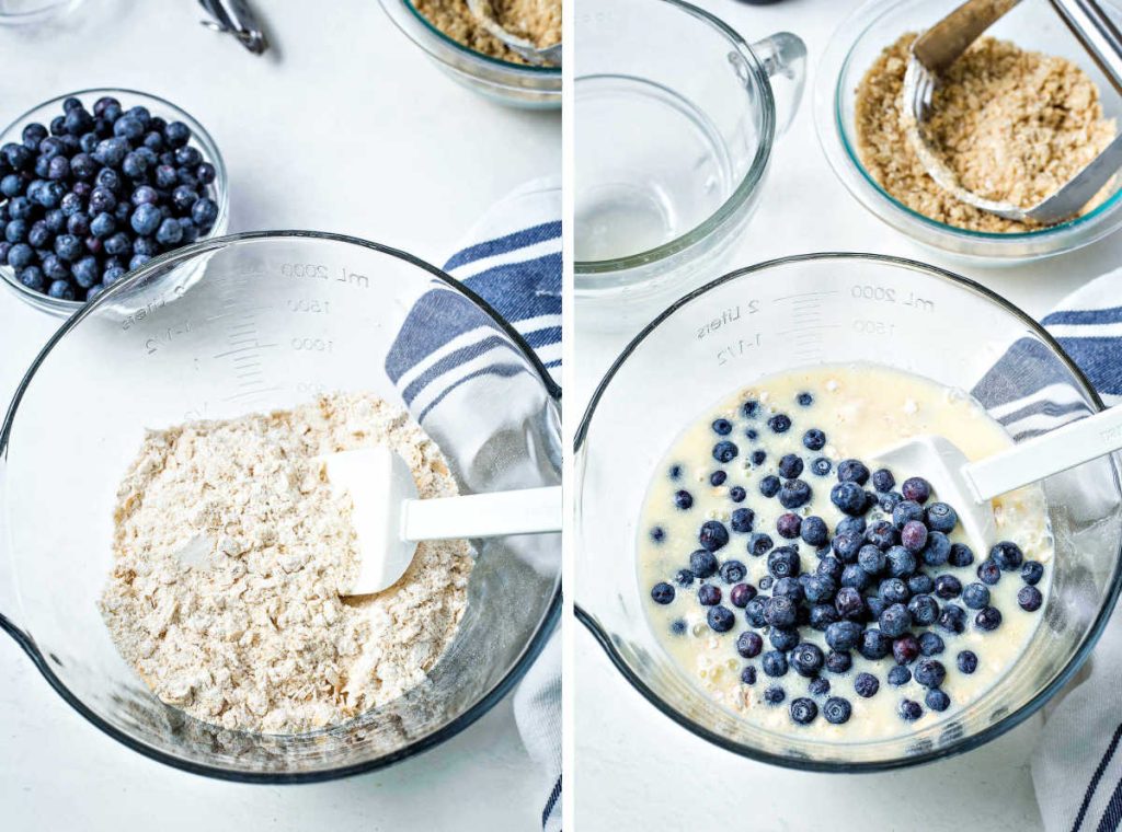 prep collage for blueberry oatmeal muffins: dry ingredients in a bowl; adding wet ingredients and blueberries to bowl.