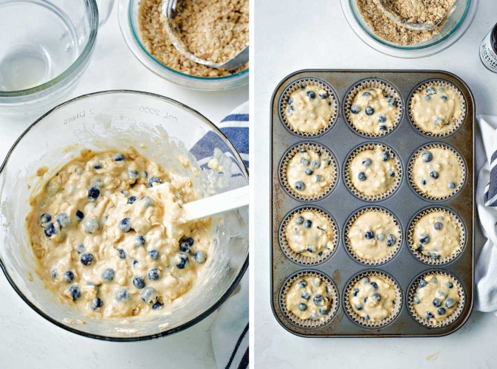 prep collage for blueberry oatmeal muffins: mixing batter; filling muffin tins with batter.