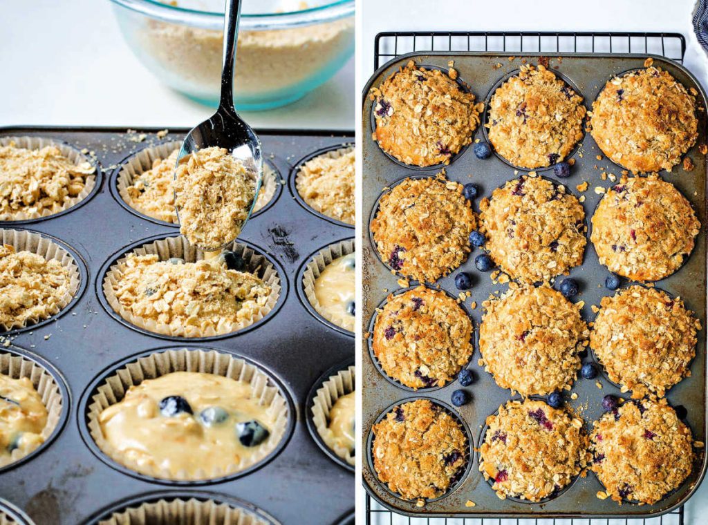 prep collage for blueberry oatmeal muffins: adding streusel to top of muffins; baked muffins on a wire rack.