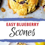 baked blueberry scones on a parchment paper lined baking sheet with blueberries oozing out.