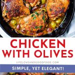 chicken with olives in a cast iron skillet with a spoon drizzling sauce.