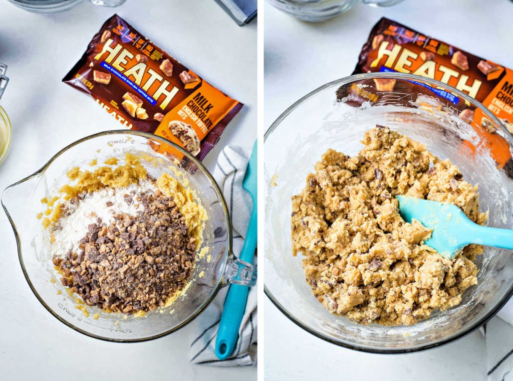 Heath Cookie Bars prep collage: adding dry ingredients to wet ingredients; stirring dough with a rubber spatula.
