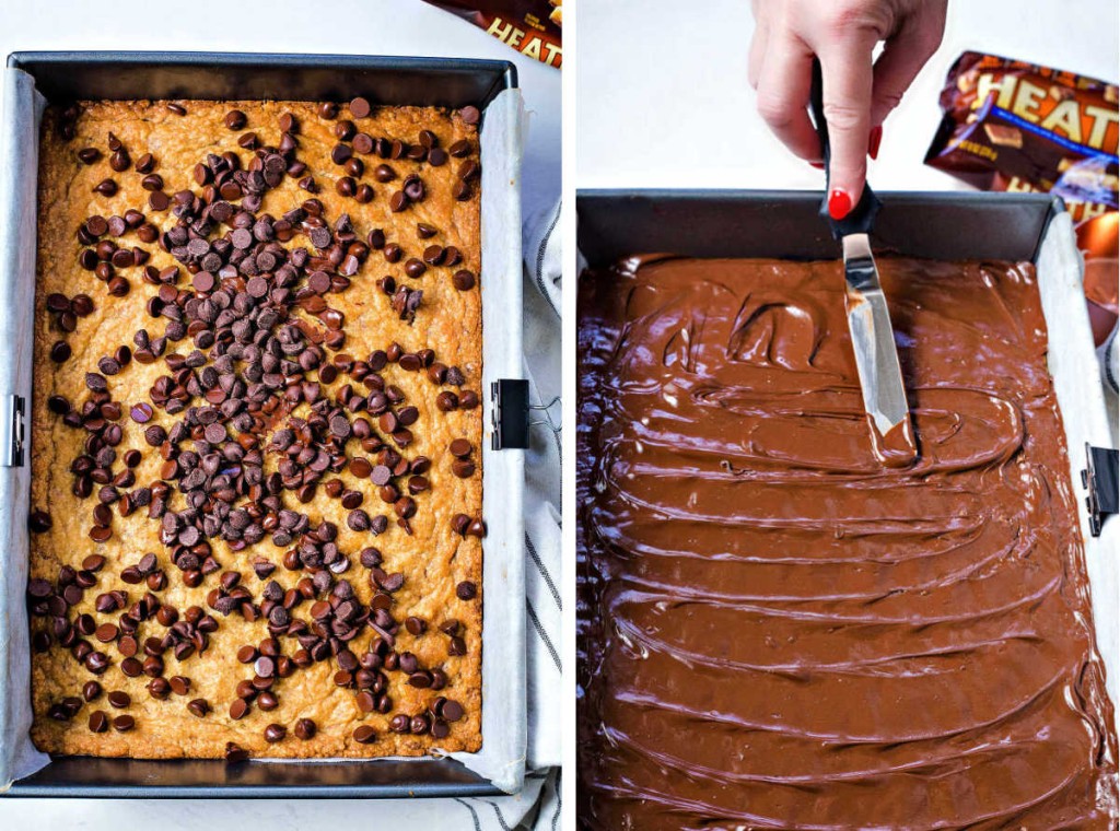 Heath Cookie Bars prep collage: sprinkle chocolate chips on top of baked bars; spread melted chocolate chips with a spatula to cover the bars.