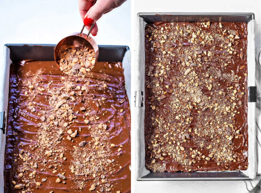 Heath Cookie Bars prep collage: sprinkle Heath bits on top of chocolate.
