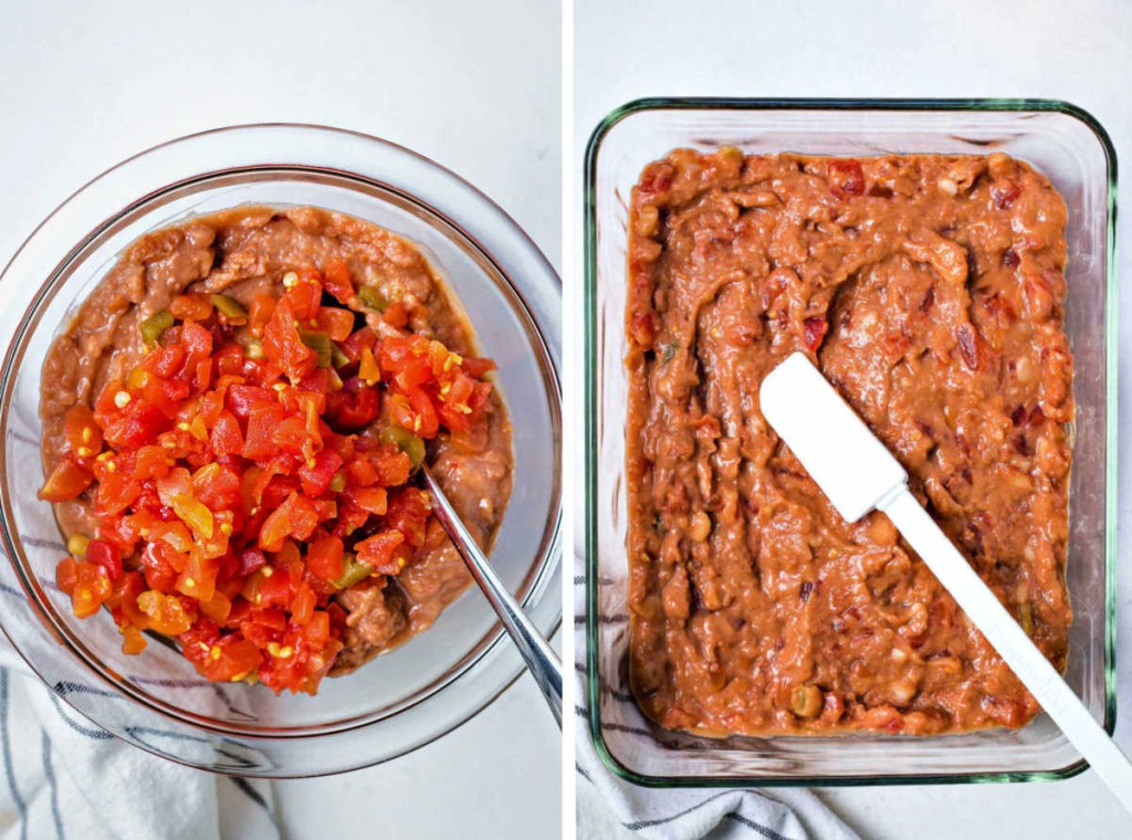a bow of refried beans with diced tomatoes and chilies; spreading refried beans in a glass dish.