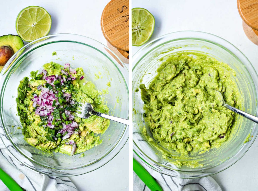 smashed avocados in a glass bowl with diced red onions and jalapenos; a bowl of guacamole.