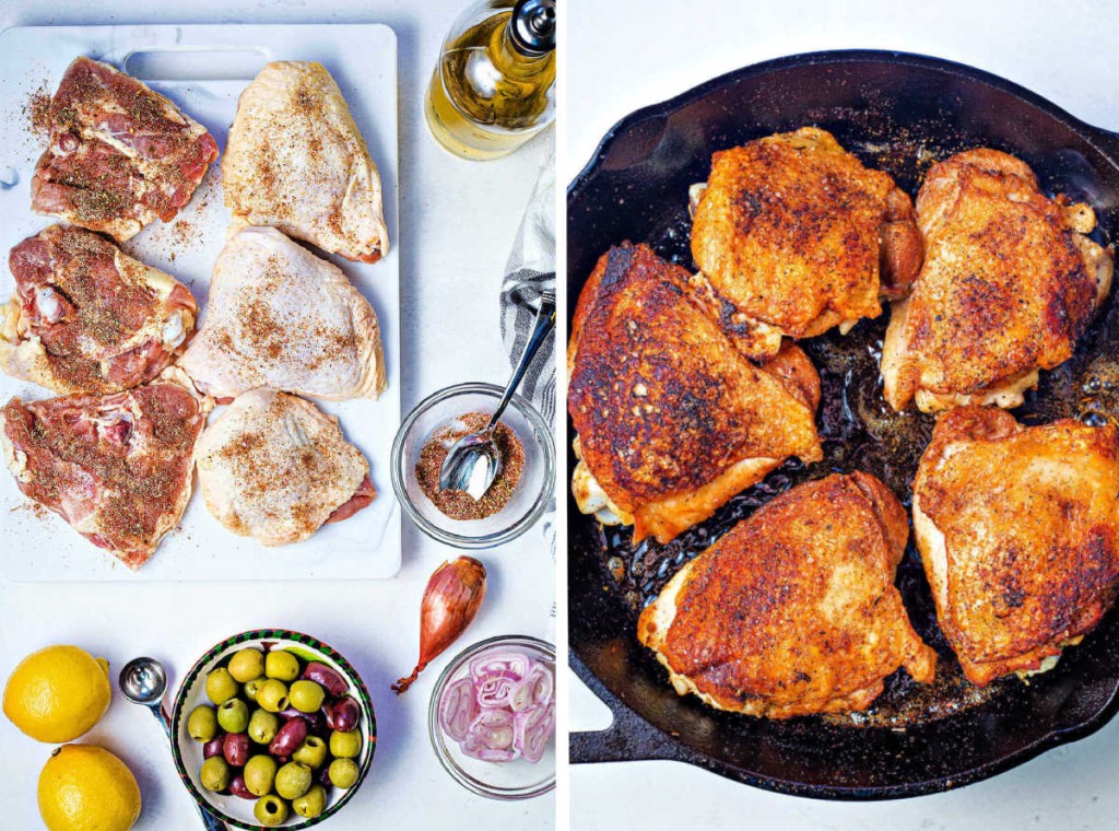 ingredients for chicken with olives on a table; browned chicken thighs in a cast iron skillet.