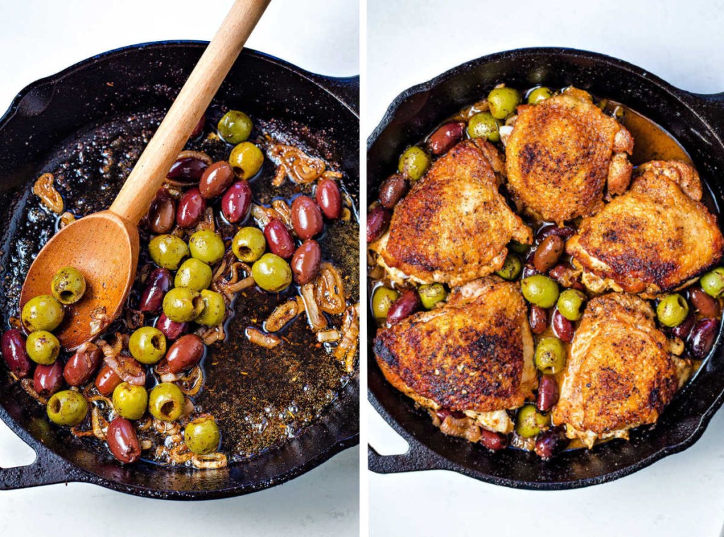 stirring olives with shallots in a cast iron skillet; browned chicken thighs added back to the skillet with olives.