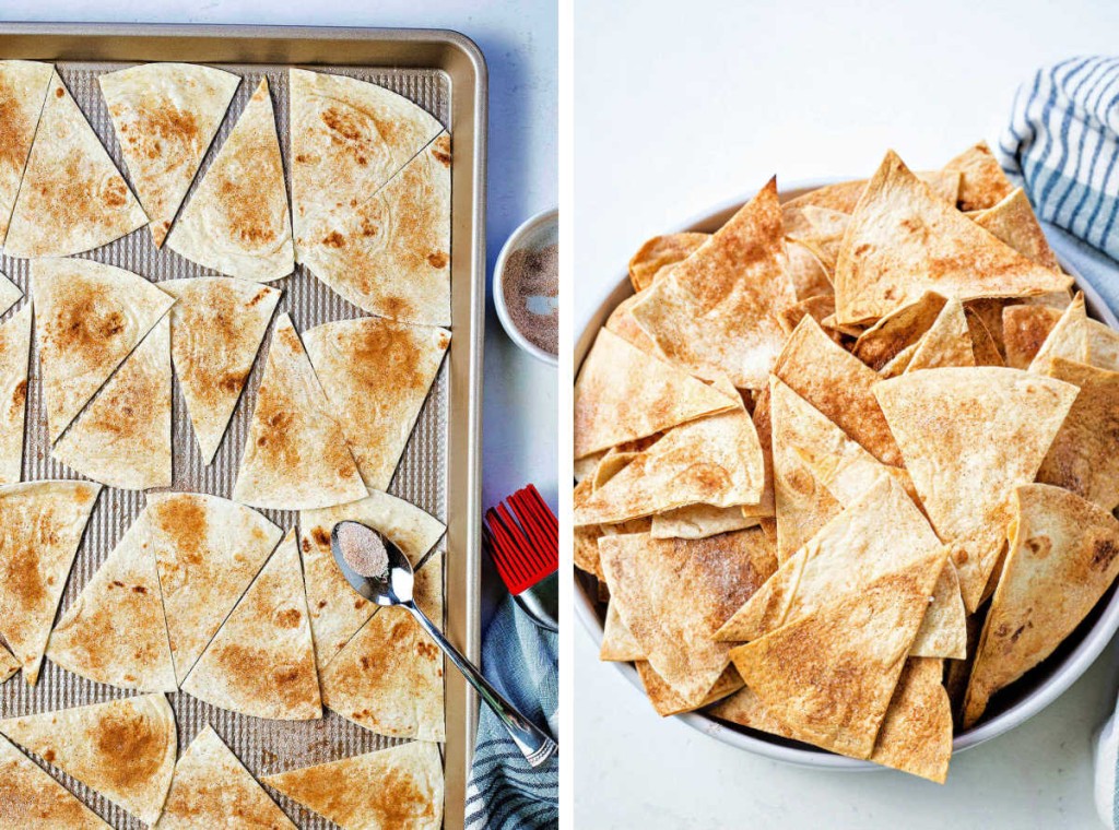 flour tortillas cut into triangles and sprinkled with cinnamon sugar on a baking sheet.