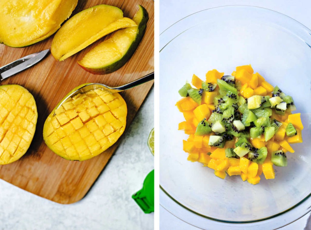 dicing a mango; diced mango and kiwi in a glass bowl.