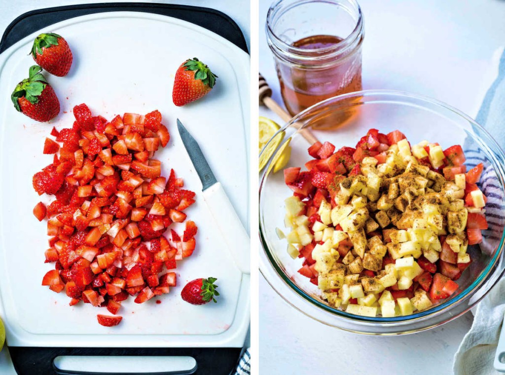 diced strawberries on a cutting board; diced fruit in a glass bowl sprinkled with cinnamon with honey in the background.