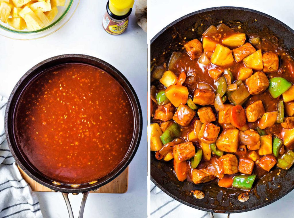 sauce in a pan for sweet and sour pork.