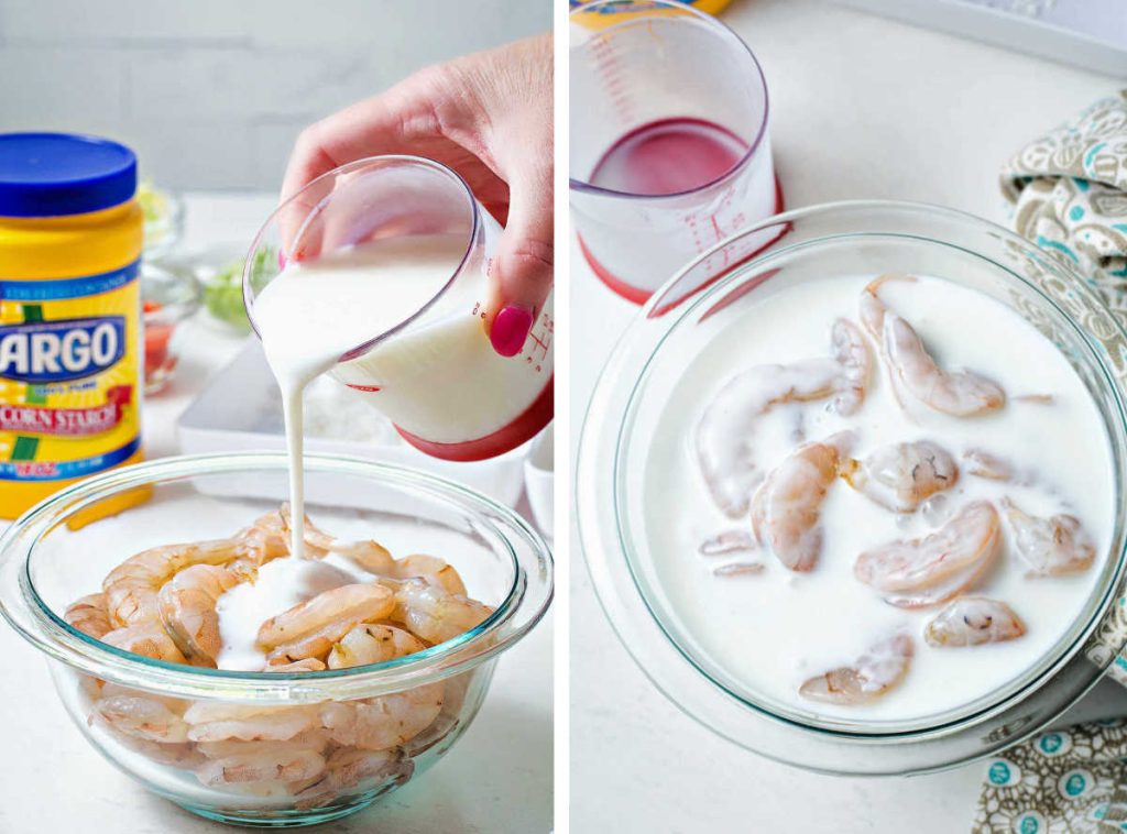 shrimp marinating in a bowl of buttermilk.