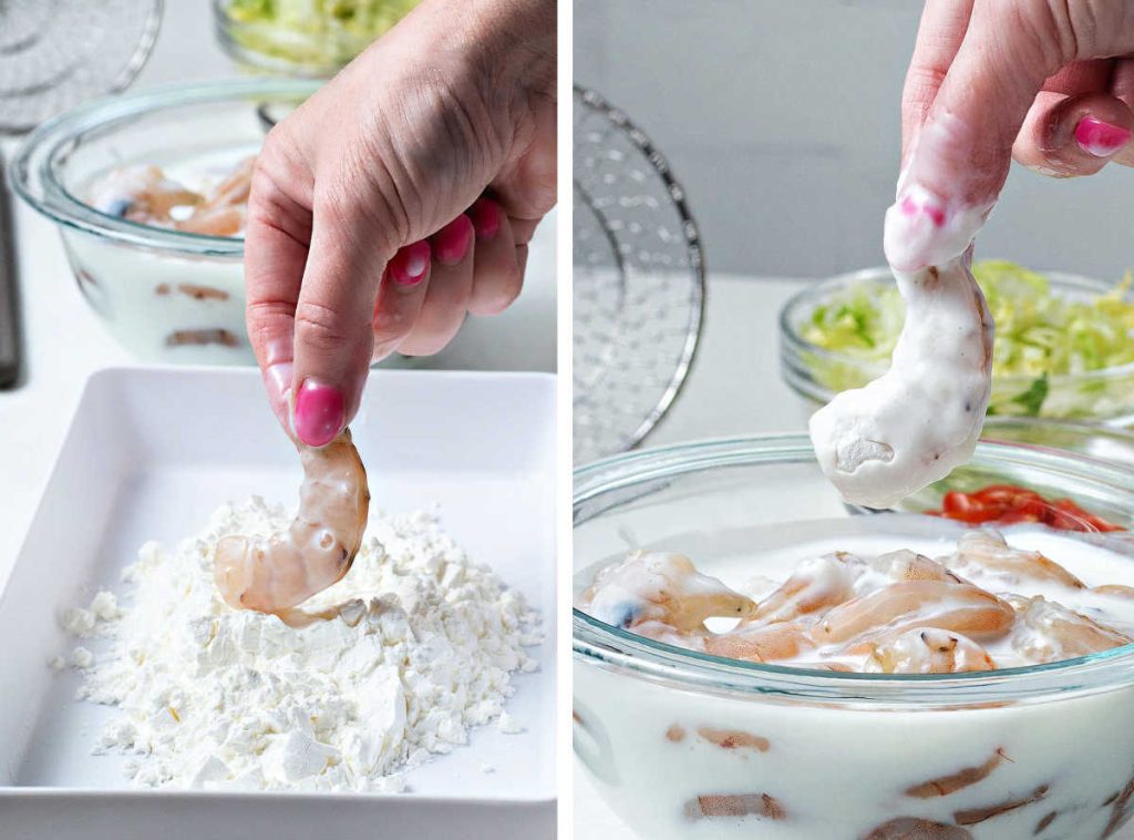 dipping shrimp in cornstarch and again in buttermilk.