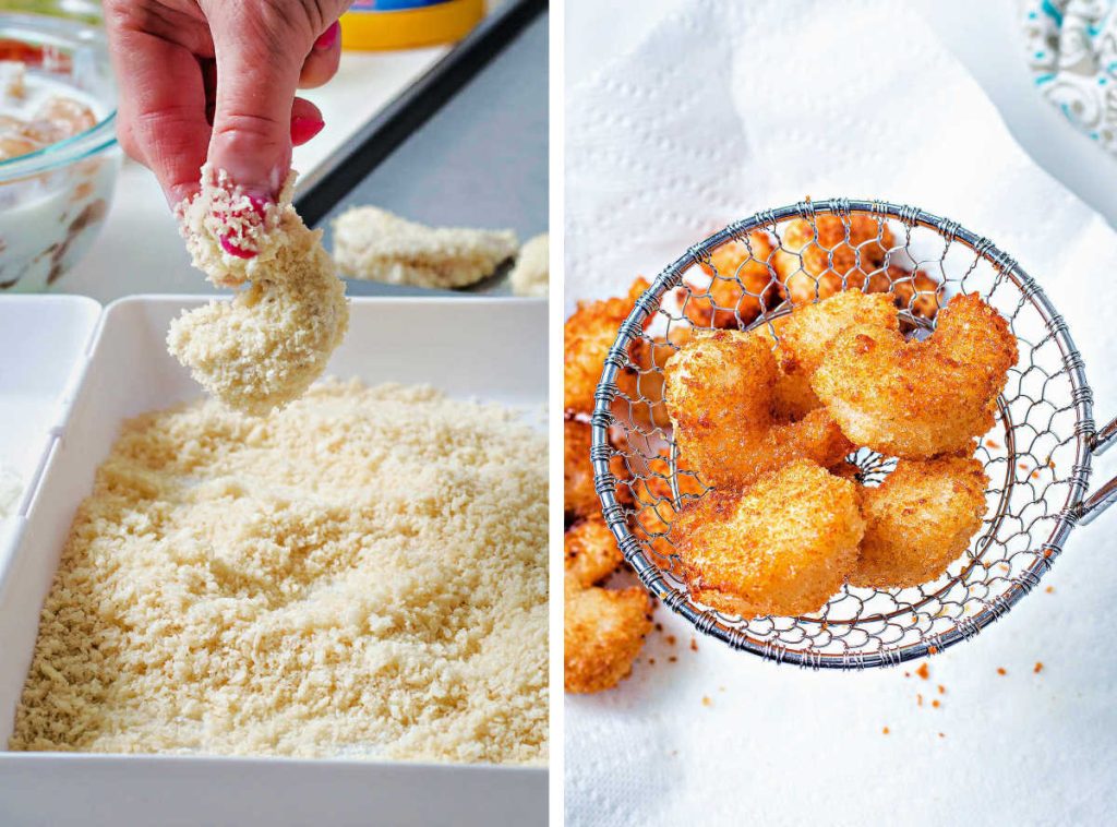 dredging shrimp in panko crumbs; fried shrimp in a wire strainer.