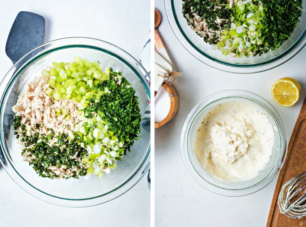 shredded chicken in a bowl with chopped herbs and celery.