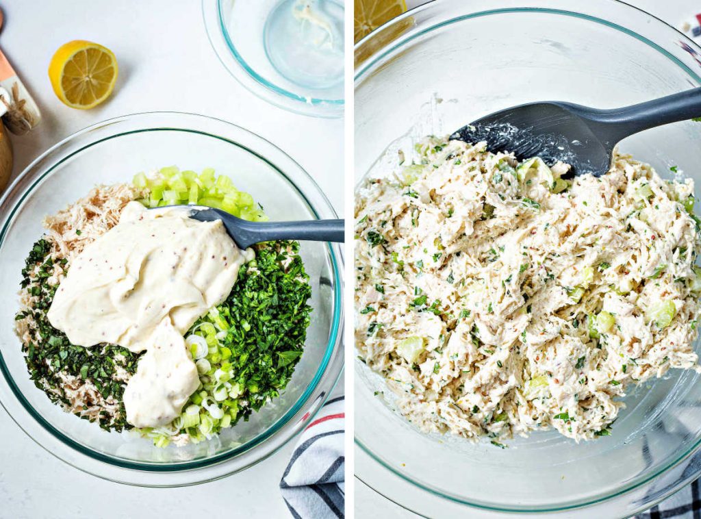 mixing dressing into shredded chicken.