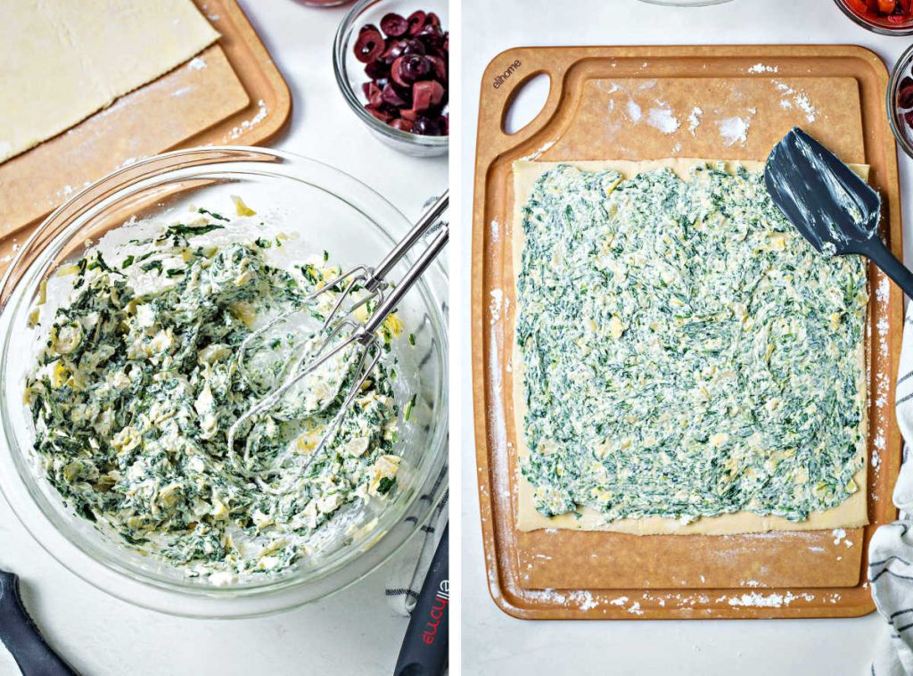 mixing cream cheese, spinach, and chopped artichokes in a bowl; spreading mixture on puff pastry.