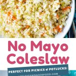 no mayo coleslaw in a bowl on a table with a napkin and a slotted spoon.