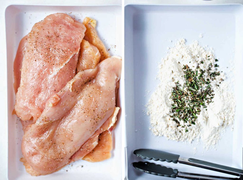 dredging chicken in a mixture of flour and rosemary.