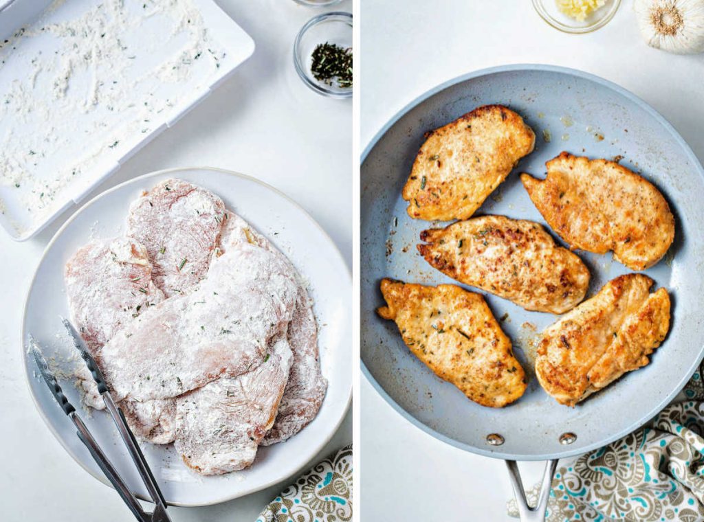 a plate of chicken dredged in flour; fried chicken cutlets in a skillet.