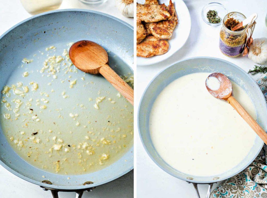 deglazing a pan with minced garlic and white wine; stirring a cream sauce in a skillet.