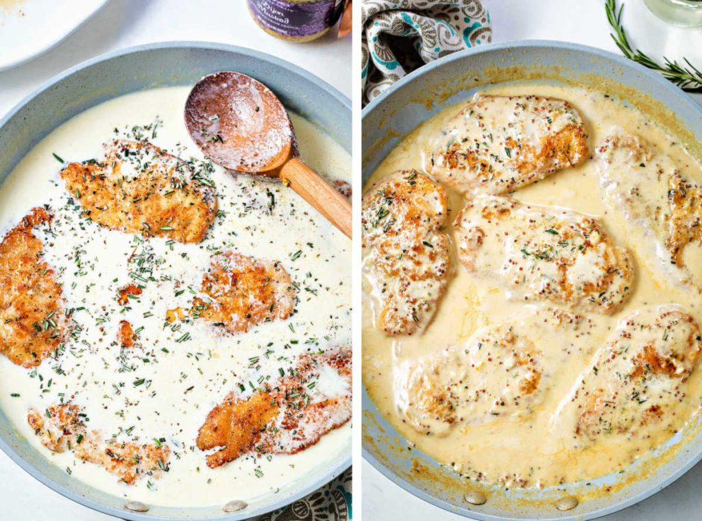 chicken cutlets nestled in sauce with minced rosemary on top; chicken in dijon sauce that has been reduced.