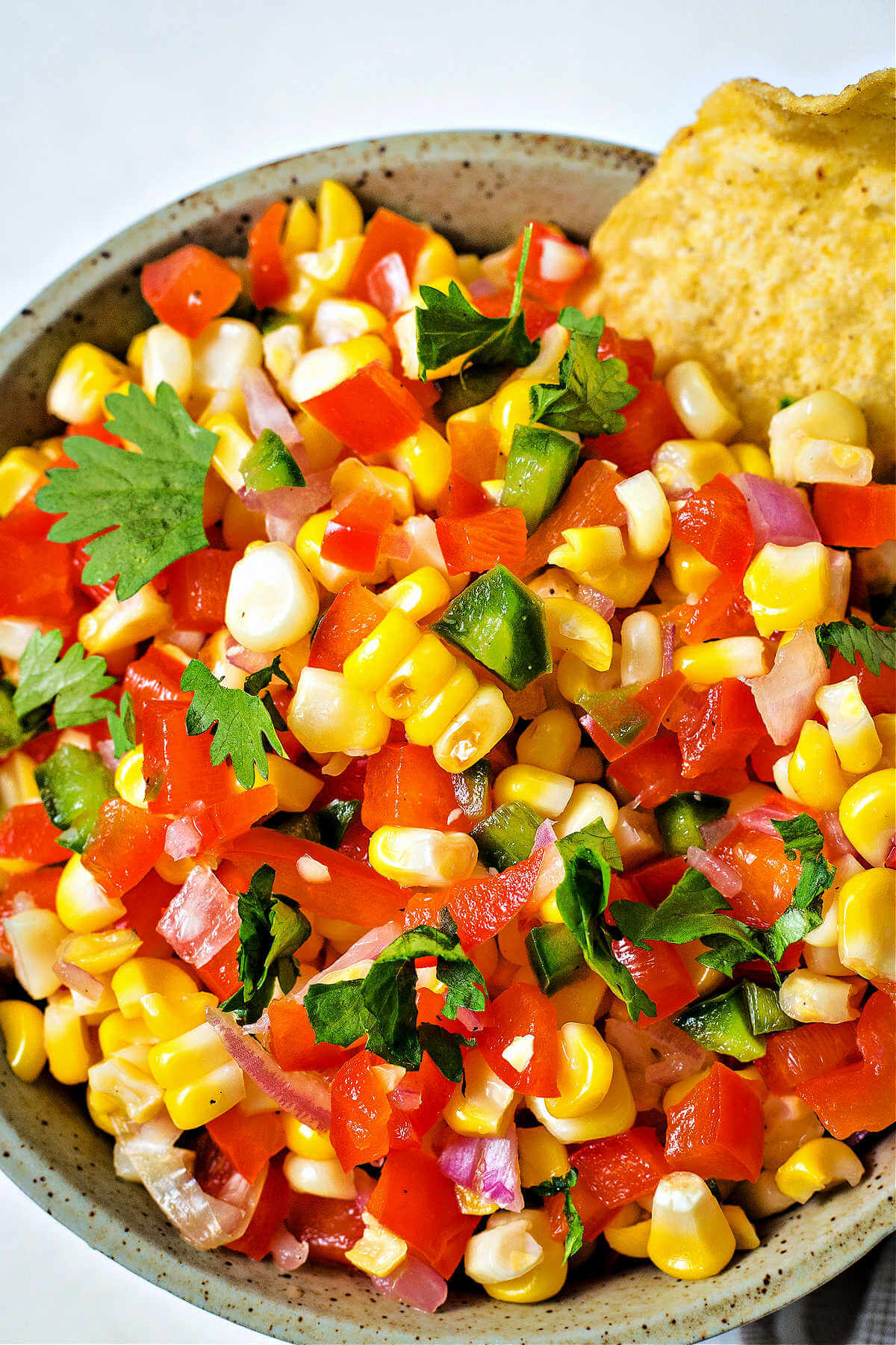 corn salsa iin a serving bowl garnished with cilantro with a tortilla chip.