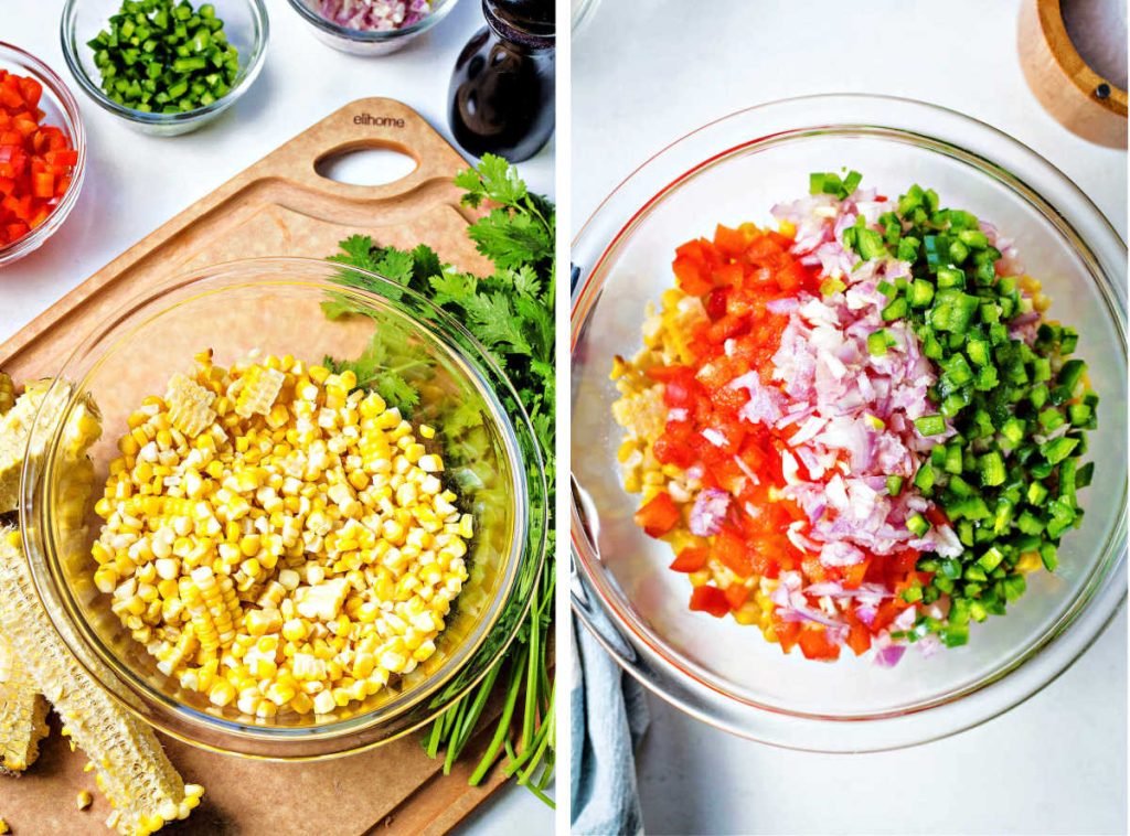 corn cut off the cob in a bowl with diced red pepper, onion, and jalapeno.