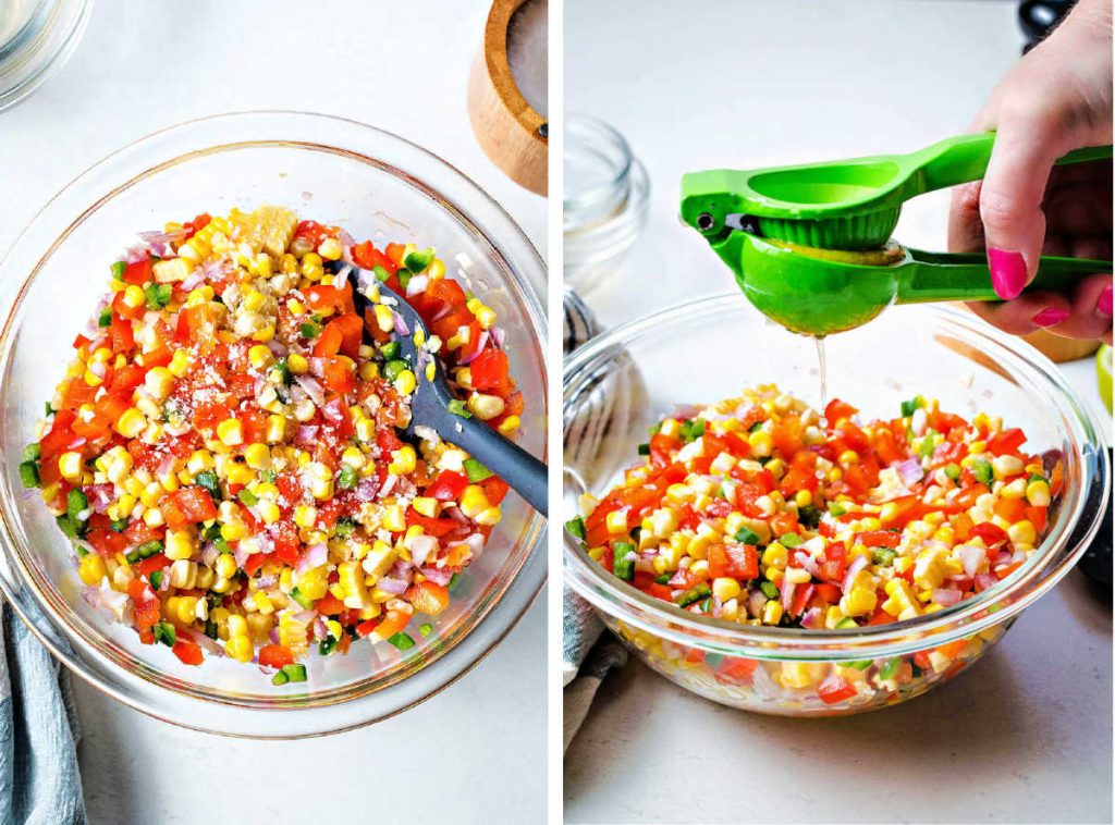 squeezing lime juice into a bowl of corn salsa.