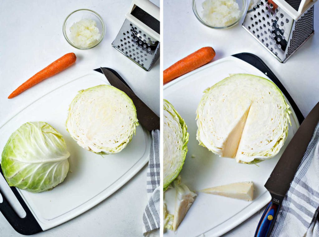 cutting a cabbage in half; removing the core by cutting a v-shape.