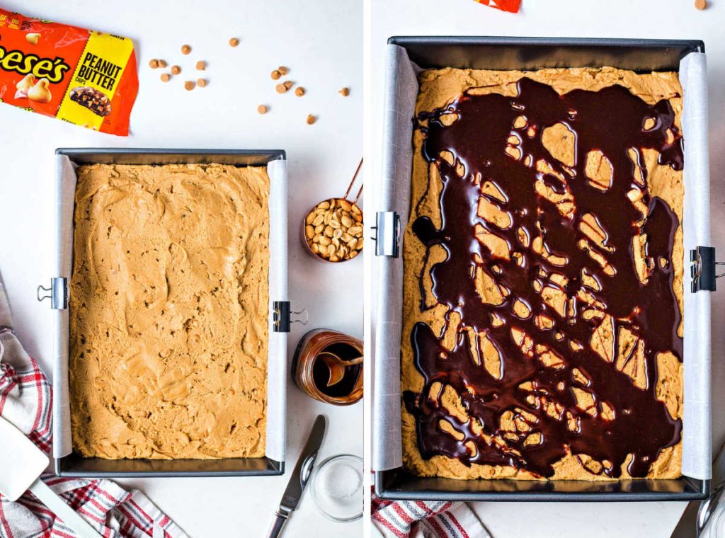 process steps for making peanut butter brownies; spread batter into pan; drizzle with chocolate syrup.