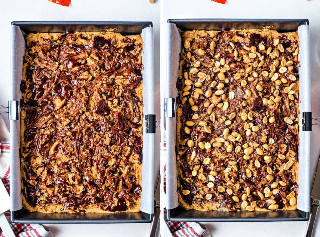 process steps for preparing peanut butter brownies: swirl chocolate syrup into batter; top with peanuts.