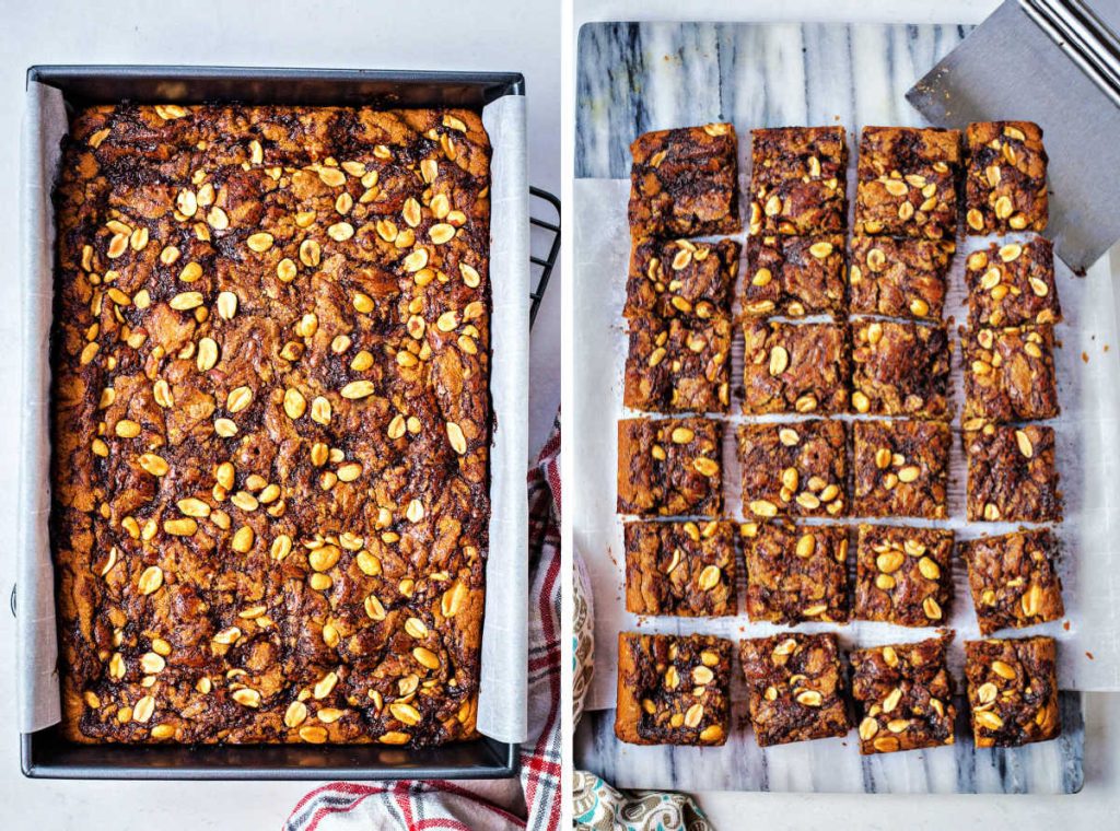 a pan of baked peanut butter brownies; cutting peanut butter brownies into squares on a cutting board.