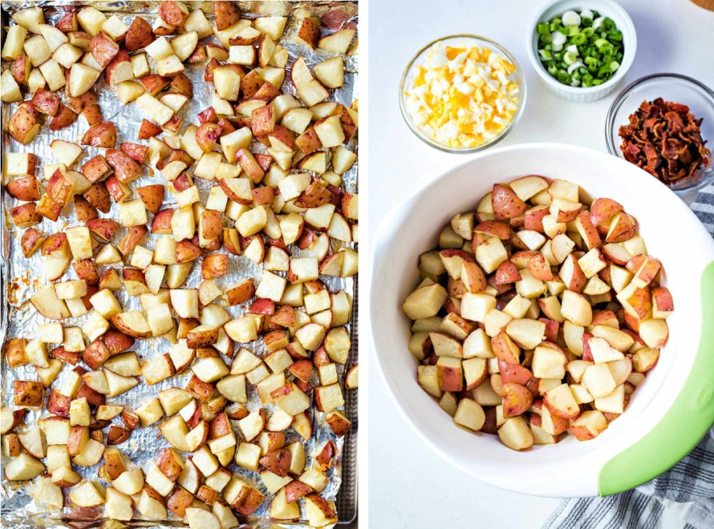 roasted red potato chunks in a bowl for red potato salad.