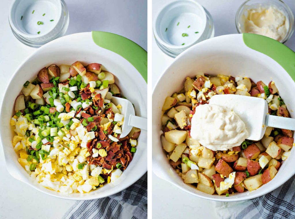 stirring chopped eggs, onions, and bacon into a bowl of roasted red potatoes.