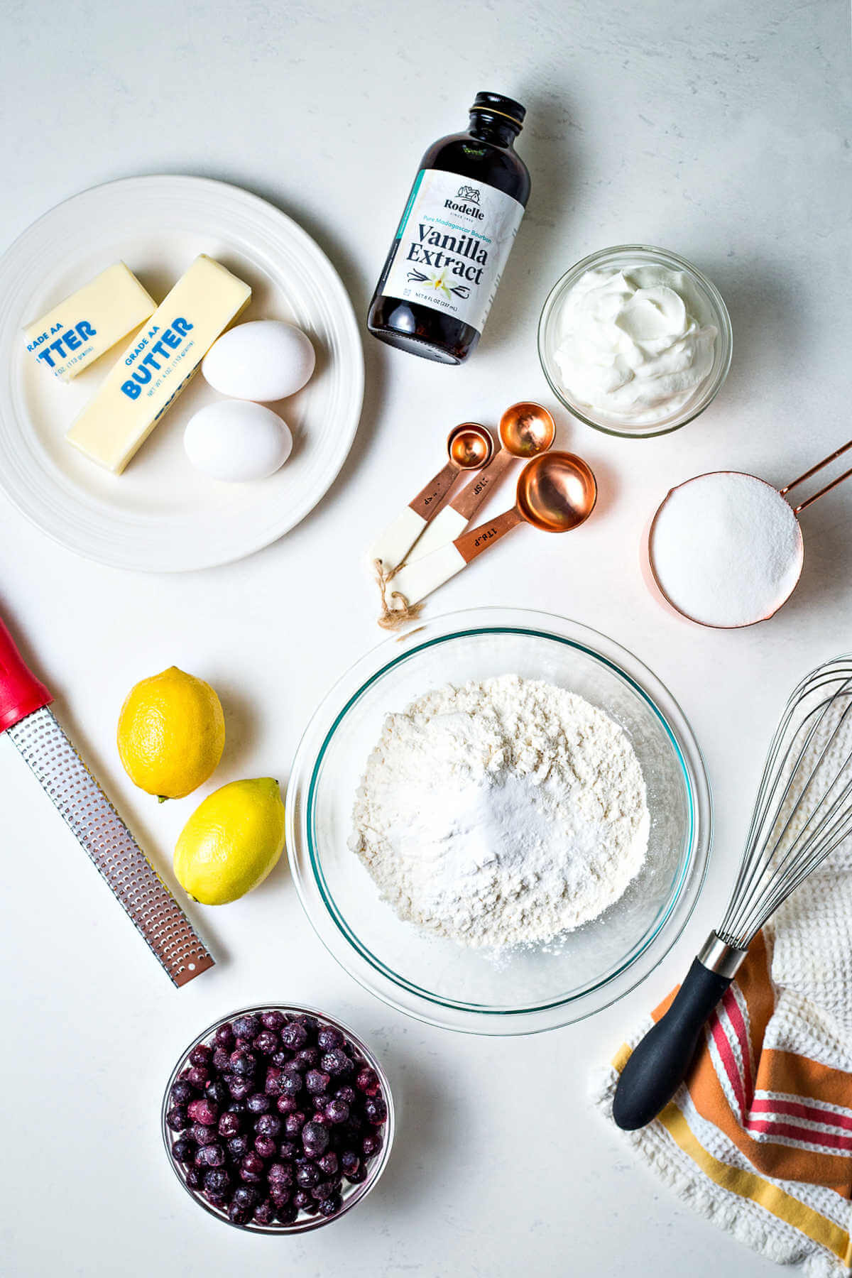 ingredients for blueberry crumb cake on a table.