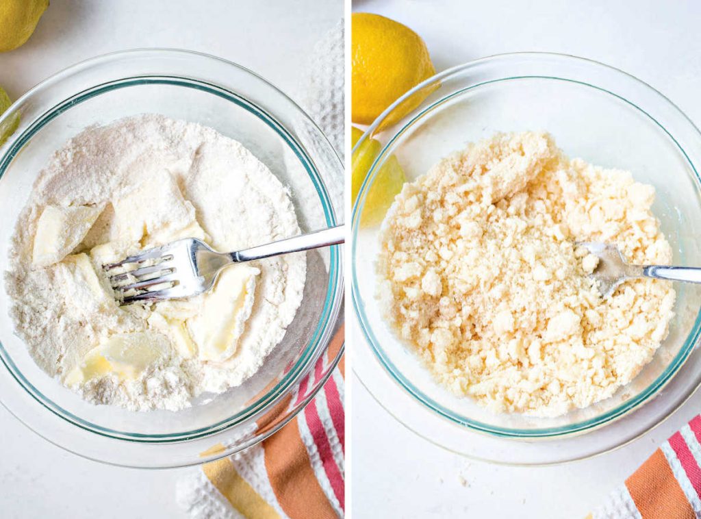 cutting butter into flour and sugar to make a streusel.