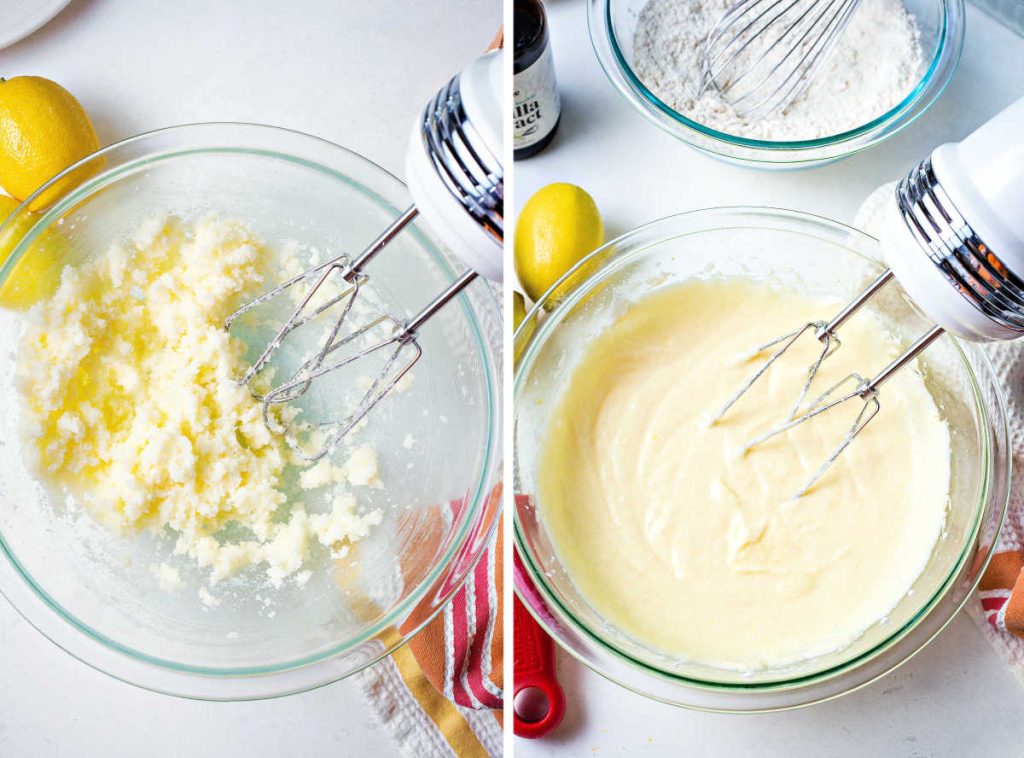 butter and sugar creamed together in a mixing bowl.