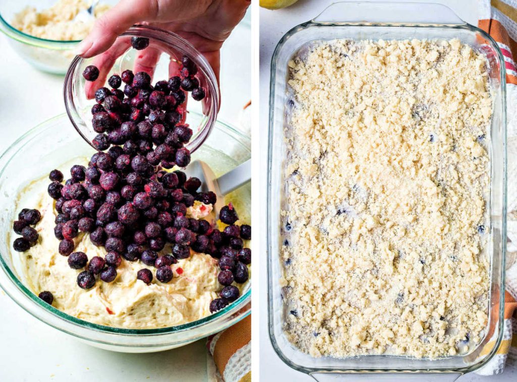 adding blueberries to batter for blueberry crumb cake.