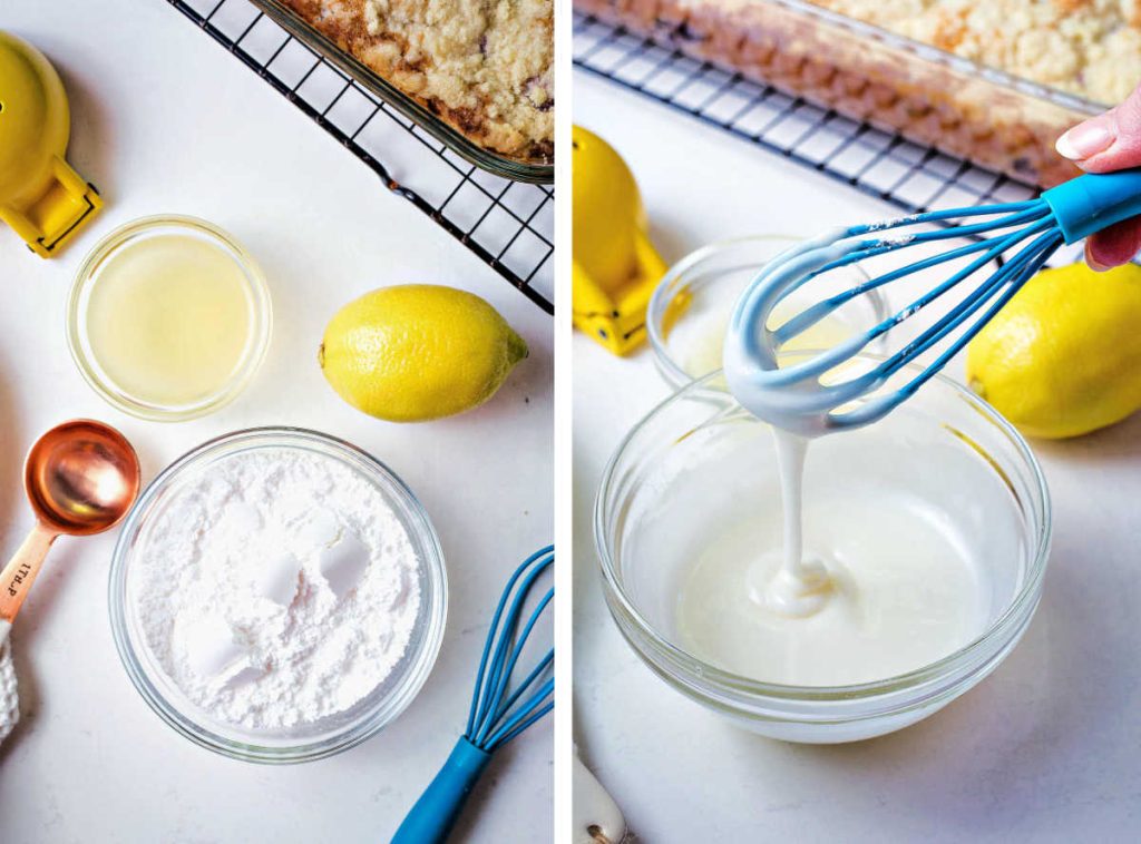 whisking together lemon glaze for blueberry crumb cake.