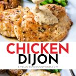 a spoon ladeling mustard sauce over chicken cutlets on a plate.