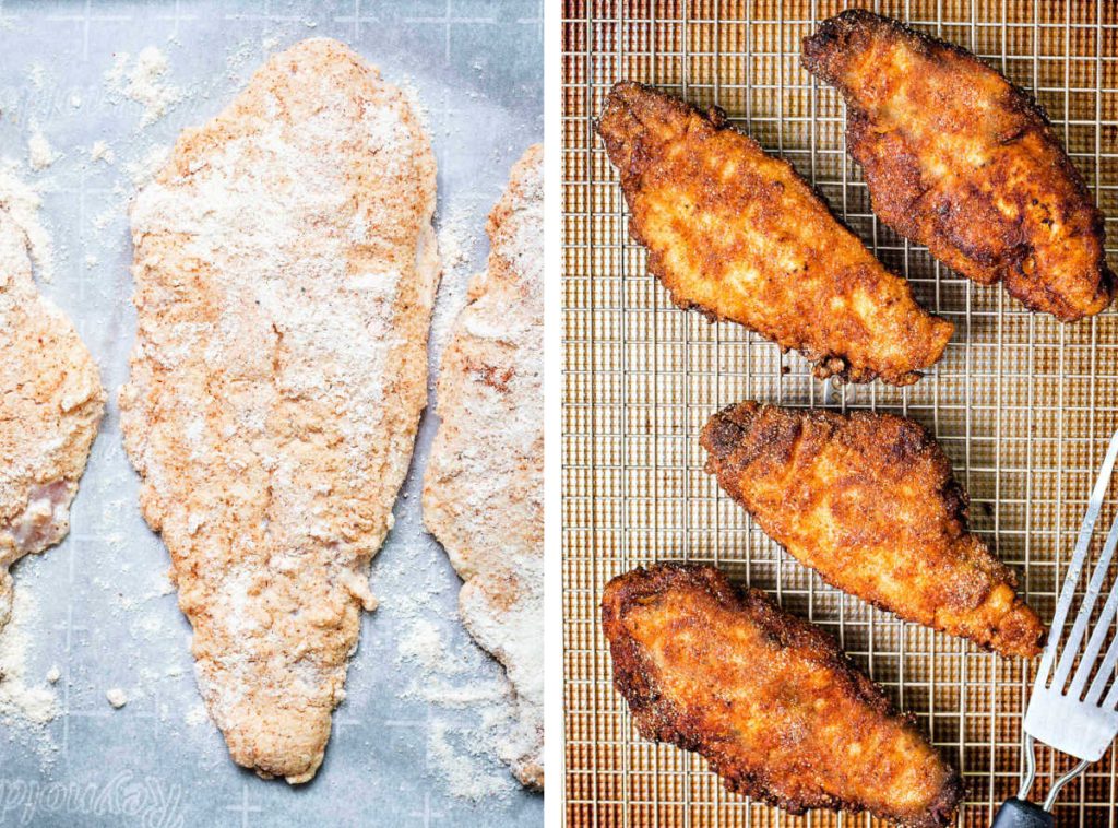 breaded catfish ready to fry; catfish draining on a wire rack.