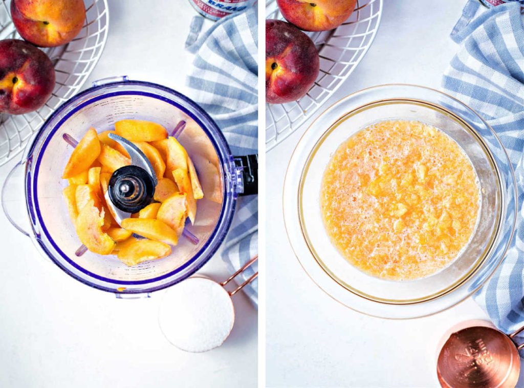 peaches and sugar in a food processor.